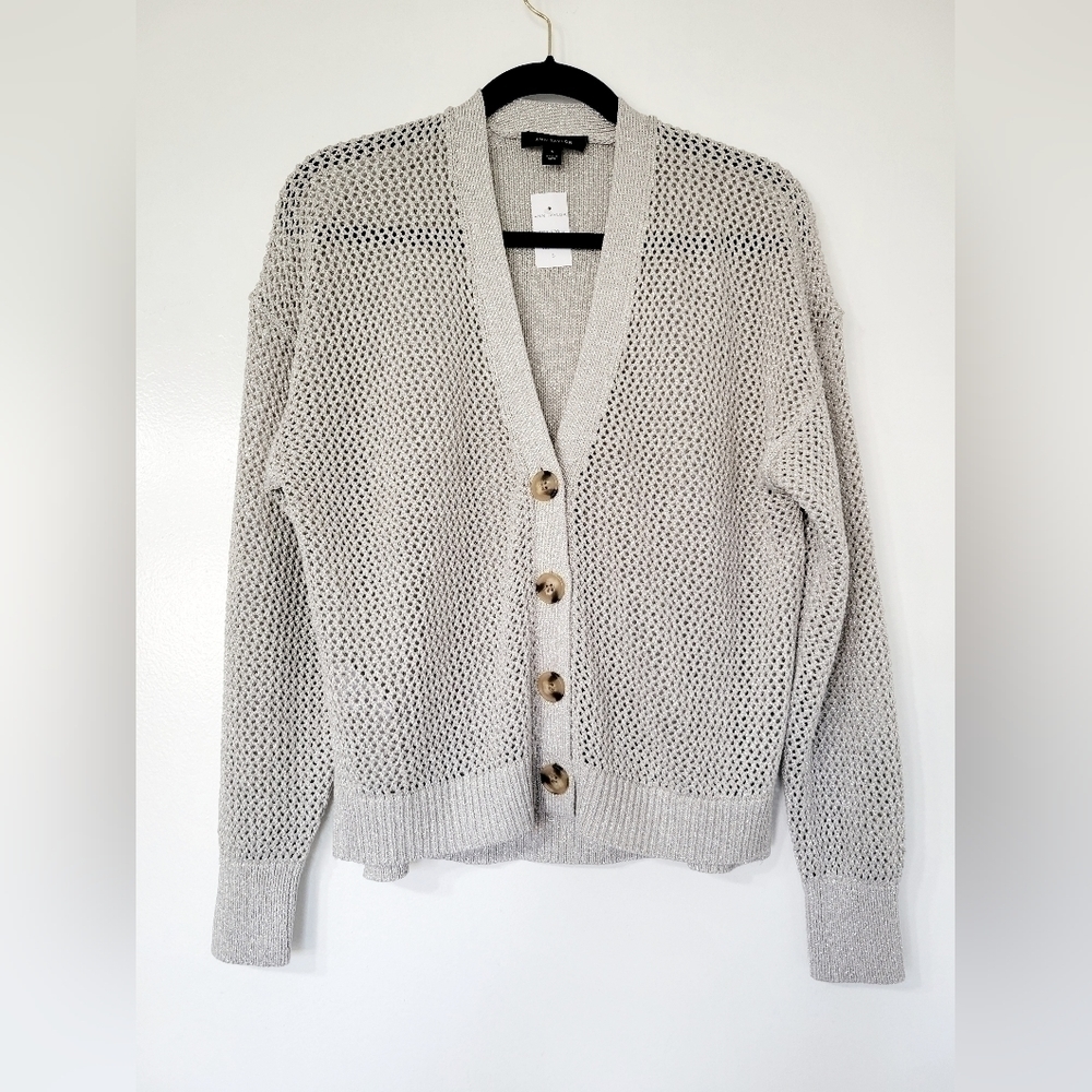 NWT Ann Taylor Silver Shimmer Grey Loose Knit Button Up Cardigan Size S